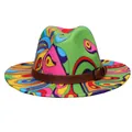 Close-up of vibrant tie-dye fedora hat with colorful psychedelic patterns and leather belt - 56-58cm / Peacock Print Belt Style / Bright Green Swirl Print