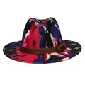 Detail of wide brim fedora with colorful graffiti print and brown leather decorative belt - 56-58cm / Star Graffiti Belt Style / Red Blue Graffiti Star