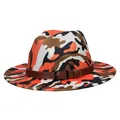 Detail of colorful camo wool fedora featuring a wide flat brim and brown leather belt - 56-58cm / Orange Black Camo Belt Style / Orange + Black Camo