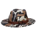 Detailed view of the camouflage wool fedora featuring a brown leather band and metal buckle - 56-58cm / Khaki Black Camo Belt Style / Khaki + Black Camo