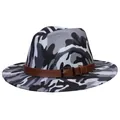 Detail of grey camo wool fedora with brown faux leather belt and metallic buckle - 56-58cm / Gray Black Camo Belt Style / Gray + Black Camouflage