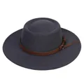 Close-up of wide brim fedora hat with brown leather strap and metallic buckle detail - Dark Gray
