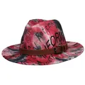 Detail of red and black tie-dye fedora hat with graffiti text and brown leather belt - 56-58cm / Red Black White Graffiti Belt Style / Red Black White Graffiti