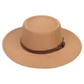 Detail showing camel wool felt pork pie hat with brown leather band and metal buckle - M (56-58cm) / Khaki