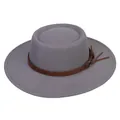 Detail view of the flat top wide brim felt hat featuring a brown leather decorative band - Gray