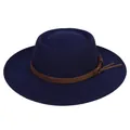 Detailed view of navy blue wool fedora featuring a brown leather band and metallic buckle - Navy Blue