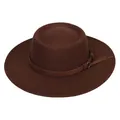 Detail of dark brown wool fedora hat with leather band and metal buckle accent - Coffee