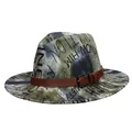 Close-up of graffiti print felt fedora with a brown leather buckle strap detail - 56-58cm / Green Letter Graffiti Belt Style / Green + Letter Graffiti