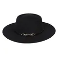 Close-up of black wool felt fedora featuring a decorative leather band and gold buckle - M (56-58cm) / Black