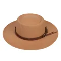 Detail of camel wool fedora hat featuring flat top and brown leather band with tassels - Khaki