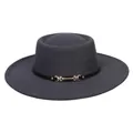 Detailed view of the dark grey felt flat top hat with black leather band and gold buckle - M (56-58cm) / Dark Gray