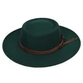Detail view of the dark green felt fedora hat with a brown leather decorative band - Avocado Green