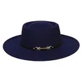 Detailed shot of dark blue wool felt boater hat with black leather band and gold buckle - M (56-58cm) / Navy Blue
