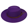 Close-up of bright purple fedora hat with brown leather band and gold buckle detail - Taro Purple
