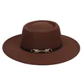 Detailed view of dark brown felt jazz hat with black leather belt and gold buckle - M (56-58cm) / Coffee