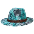 Detail of wide brim fedora with blue tie-dye pattern and graffiti text on felt - 56-58cm / Grass Green Graffiti Belt Style / Grass Green + Letter Graffiti