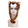 Detailed view of plush tiger hat with striped faux fur, ear flaps and decorative pom-poms - Brown Tiger