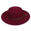 Close-up of burgundy wide brim wool fedora with brown leather strap and metal buckle - Burgundy