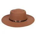 Detail of tan flat top wool fedora hat featuring a thin black band and gold metal buckle - M (56-58cm) / Brown