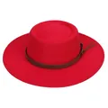 Detail of red flat top wool fedora hat featuring a thin brown leather decorative band - Red