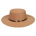 Detailed close-up of the elegant warm camel wool felt fedora hat with a black decorative band - M (56-58cm) / Khaki