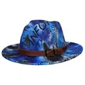Close-up of tie-dye fedora with graffiti text print and brown leather buckle band - 56-58cm / Blue Letter Graffiti Belt Style / Blue + Letter Graffiti
