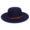 Detail of navy wool felt fedora featuring a brown leather strap and gold metal buckle - 56-58cm / Navy Blue