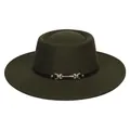 Detailed close-up of dark green wool felt jazz hat featuring black leather band and gold buckle - M (56-58cm) / Army Green