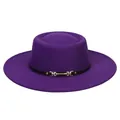 Close-up of purple wool felt flat top hat featuring a black leather band and gold metal buckle - M (56-58cm) / Purple