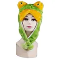 Detail of plush frog animal hat with ear flaps and decorative pom-poms on long ties - Frog