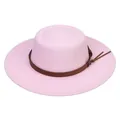 Detail view of pink wool felt boater hat with a brown faux leather belt and metal buckle - Ash Pink