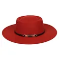 Detailed close-up of a red wool felt boater hat with black leather band and gold buckle - M (56-58cm) / Brick Red