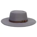 Elegant grey flat top wool felt boater hat with wide brim and brown leather belt buckle - M (56-58cm) / Gray
