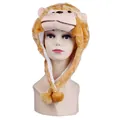 Detail of plush monkey animal hat with long brown faux fur and cute ear flaps - Monkey