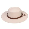 Detail view of beige flat top fedora with brown leather band and tassel accents - Beige