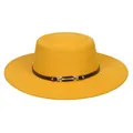 Detail of bright yellow flat top wool felt hat with black band and gold buckle - M (56-58cm) / Yellow