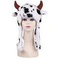 Detail of plush cow print hat featuring brown horns and pom-pom ear flaps - Cow