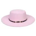 Detail of pink wool felt flat top hat with black leather band and gold buckle - M (56-58cm) / Pink