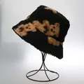 Winter faux lamb wool bucket hat featuring cozy bear pattern in black and brown contrast - M / Bear Pattern / Black