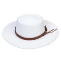 Detail view of a white wide brim boater hat with brown leather band and gold buckle - White