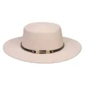 Close-up of beige flat top wool fedora featuring a slim black leather band and gold buckle - M (56-58cm) / Beige