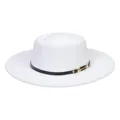 Detail of white flat-top wool felt hat featuring black leather band and gold metal buckle - M (56-58cm) / White