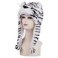 Detailed close-up of white tiger plush hat featuring faux fur textures and ear flaps - White Tiger