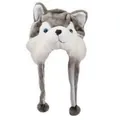 Plush husky animal hat with gray white faux fur and cute blue eyes for kids and adults - Grey Wolf