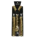 Unisex sparkling gold sequin suspenders with silver metal clips on a display card - Gold (12)