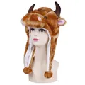 Plush brown bull animal hat with horns and pom-pom earflaps for kids and adults - Brown Cow