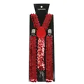 Adult red sequin suspenders with three silver clips and matching red faux leather patch - Red Sequin (10)