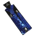 Unisex blue sequin suspenders with silver metal clips on a black display card - Blue (13)