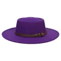 Elegant dark purple wool flat top boater hat with a coffee leather belt and metal buckle - M (56-58cm) / Purple
