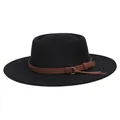 Classic black flat top wool felt fedora hat featuring a brown leather decorative band - 56-58cm / A Black